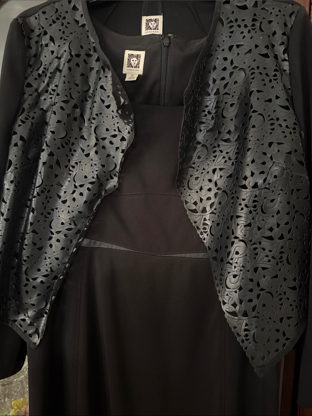 Anne Klein Black Laser-Cut Open-Front Jacket and dress
